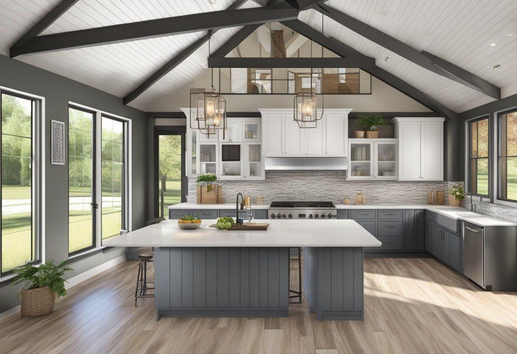 high ceiling barndominium kitchen